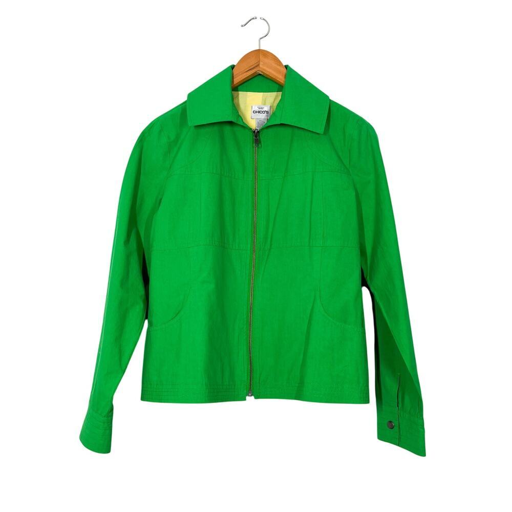 Chico’s Lightweight Cotton Bright‎ Green Jacket Blazer Sz 0 US XS Full Zip Basic